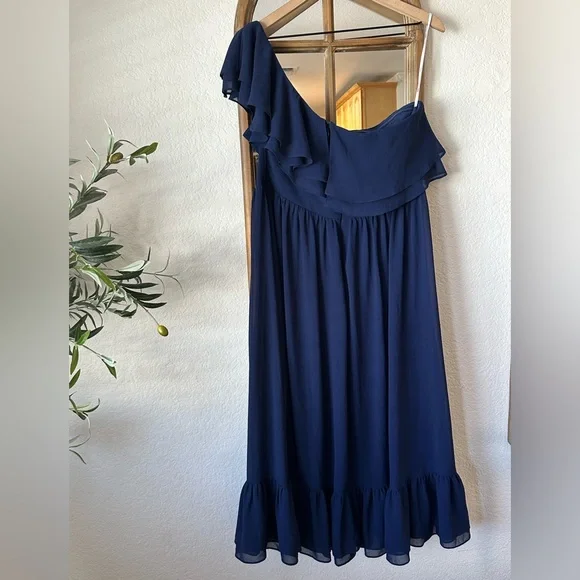 Lulus Navy Blue One Shoulder Ruffle Midi Dress XL Wedding Guest Formal - Picture 3 of 9